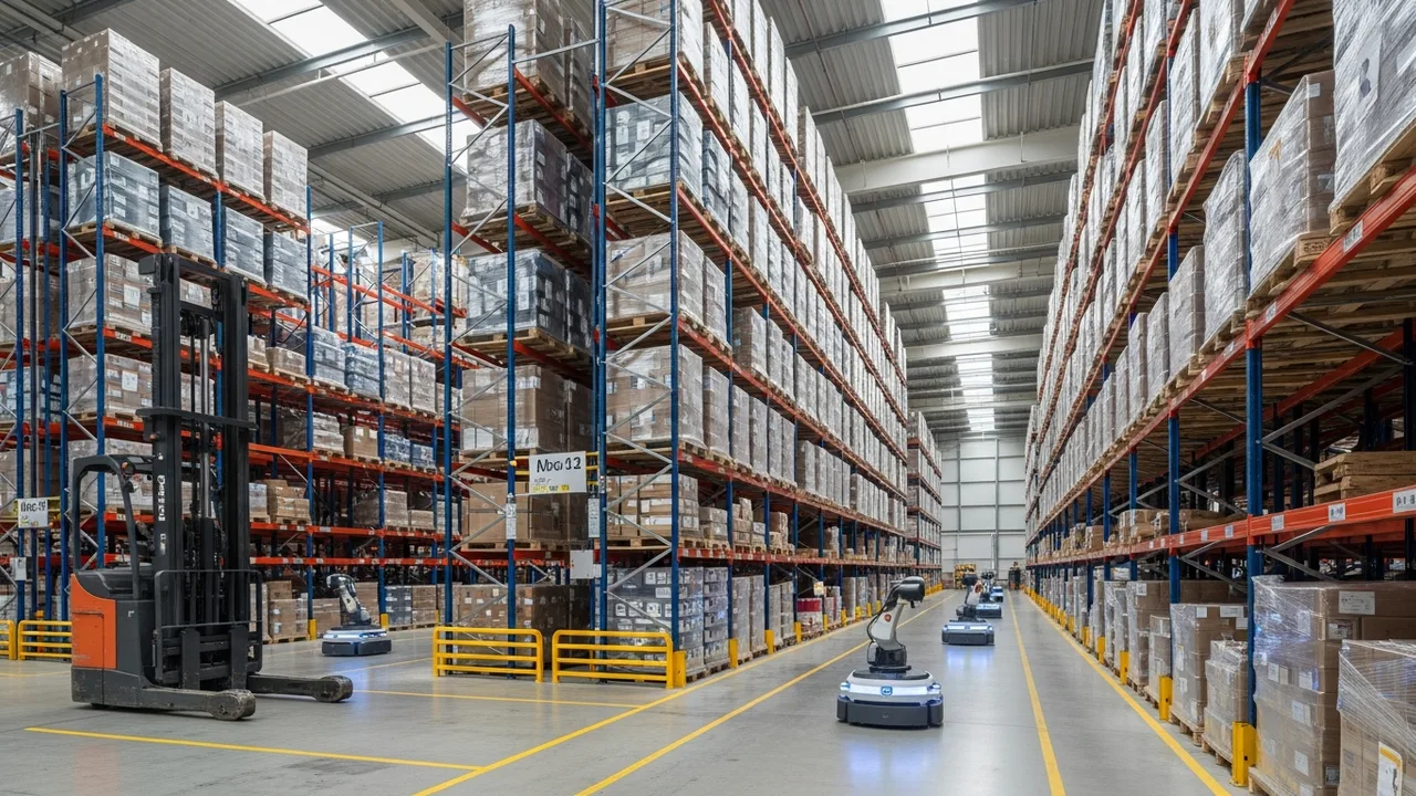 Wide view of a busy modern UK distribution centre with tall racking, a forklift and autonomous mobile robots in bright daylight