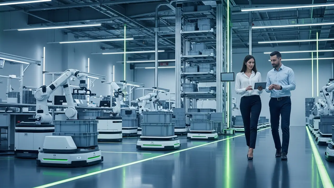 Two sales professionals reviewing a tablet as they walk through a modern automated fulfilment centre, surrounded by robotic picking arms and autonomous mobile robots