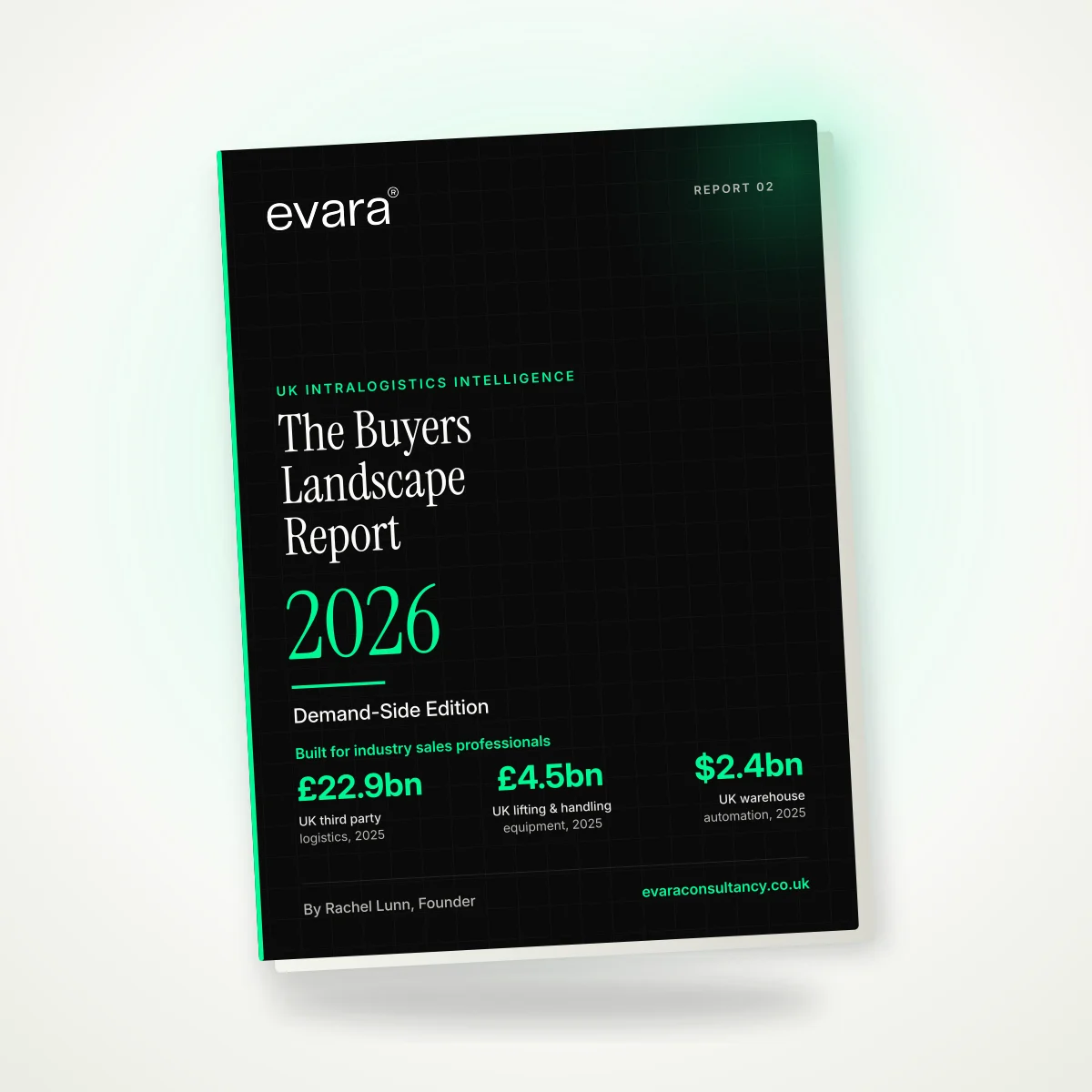 The UK Intralogistics Buyers Landscape Report 2026 shown as a printed Evara booklet, with the Evara wordmark, the report title and the sector list on the cover