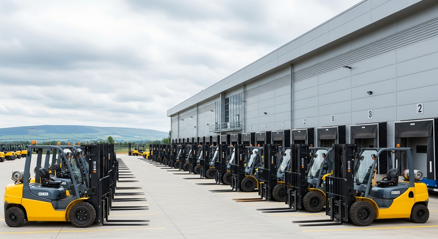 Counterbalance forklift trucks lined up inside a large European distribution warehouse
